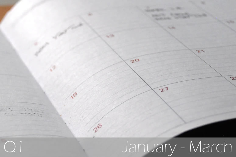 A close up of an open diary, displaying a range of dates in a grid format: Investment Markets Q1.