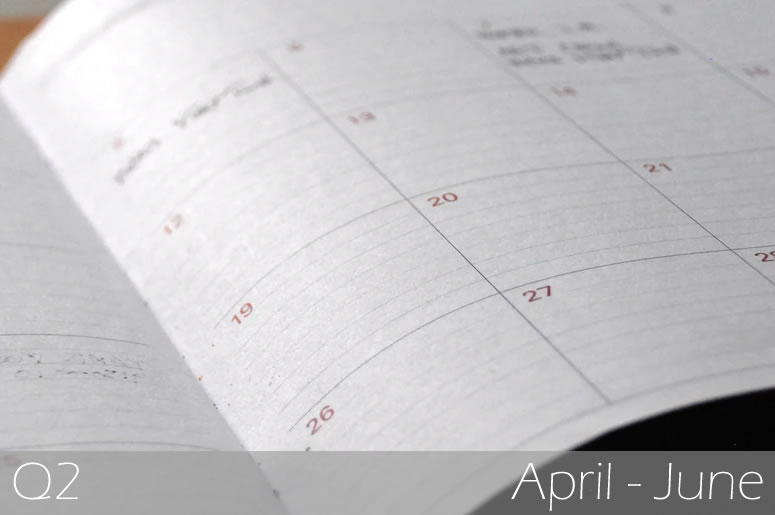 A close up of an open diary, displaying a range of dates in a grid format: Investment Markets Q2.