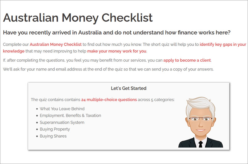 UK Migrants Australian Money Checklist Quiz: Screenshot showing the first page of the quiz.